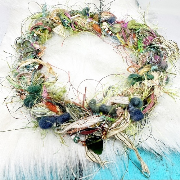 Green Pink Woven Fiber Beaded Necklace Textile Fiber Art Seed Beads Statement - Picture 3 of 12